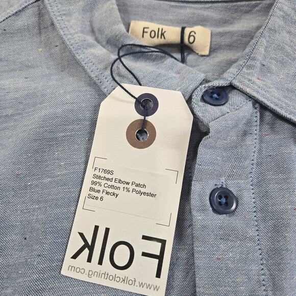 Folk Mens Button Up Shirt Blue Long Sleeve Elbow Patch NEW 6 XXL Business Casual - Picture 2 of 12